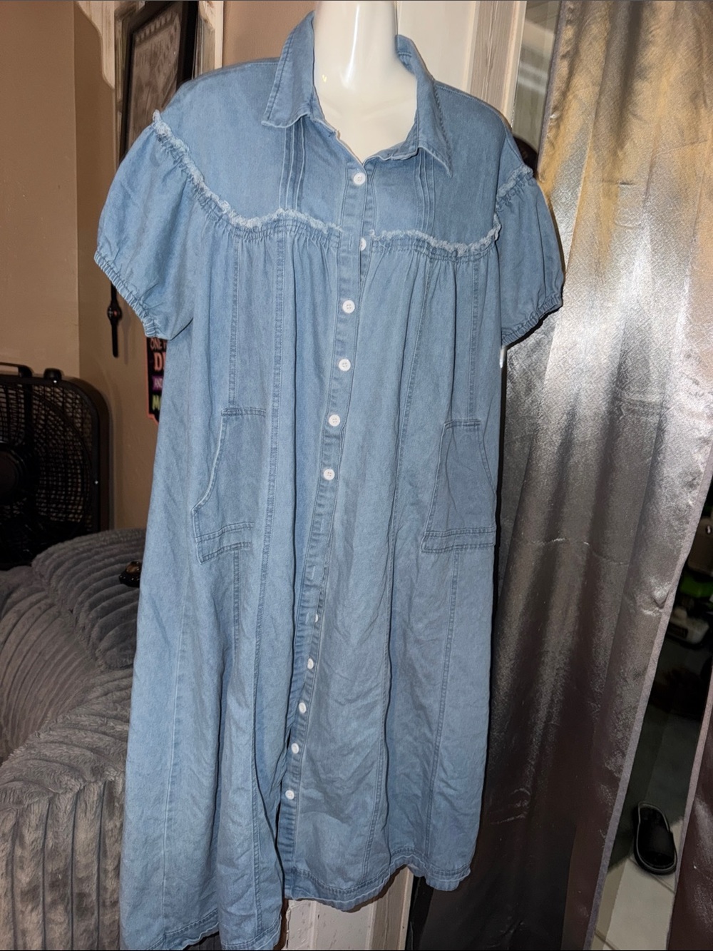 Womens Blue Button-Front oversized stretchy jean dress size large